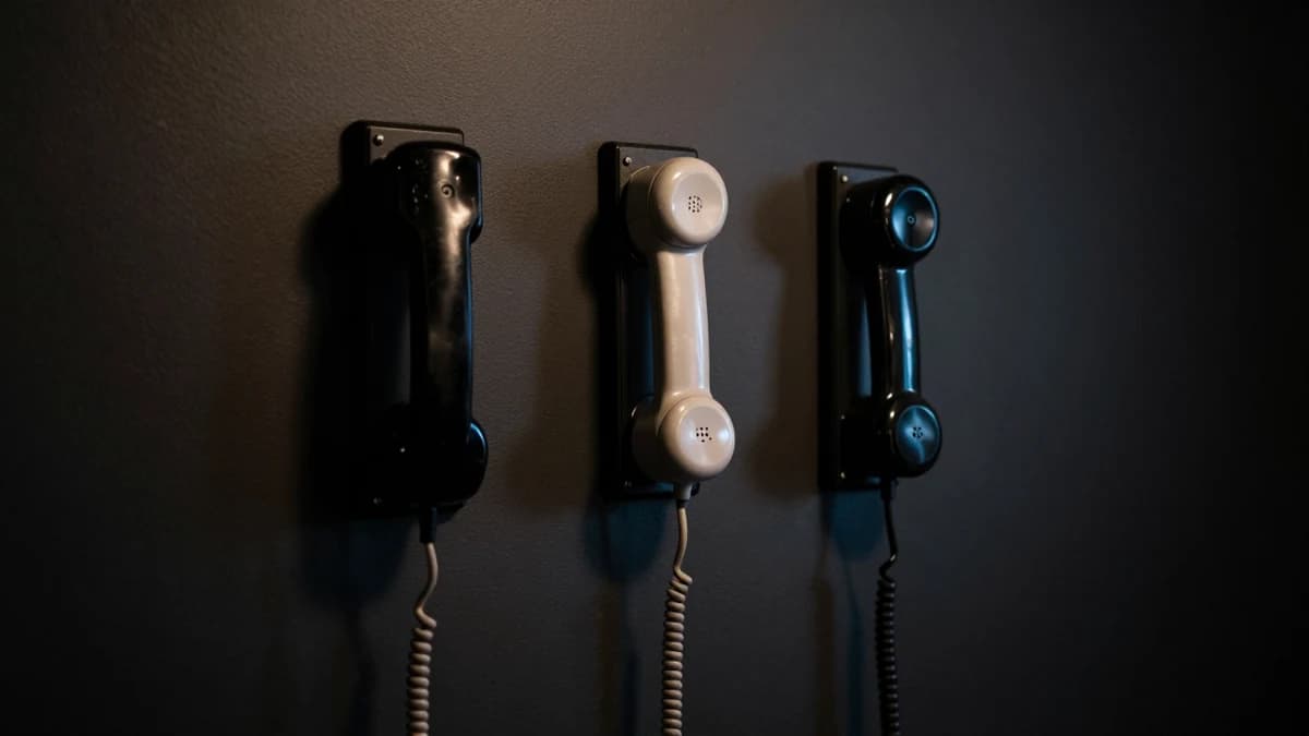 Three vintage intercom handsets mounted in a row on a dark panelled wall