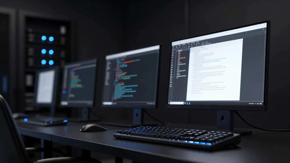 A designer's desk with printed layout sheets, a pencil and a monitor