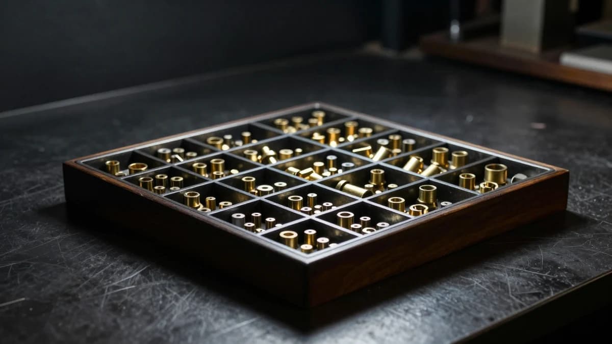 A machinist's compartmented tray with brass fittings sorted by type into each bay