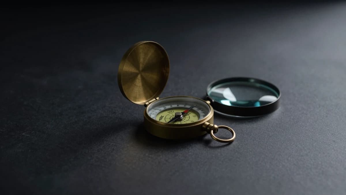 An open brass pocket compass lying beside a small magnifying glass on dark leather