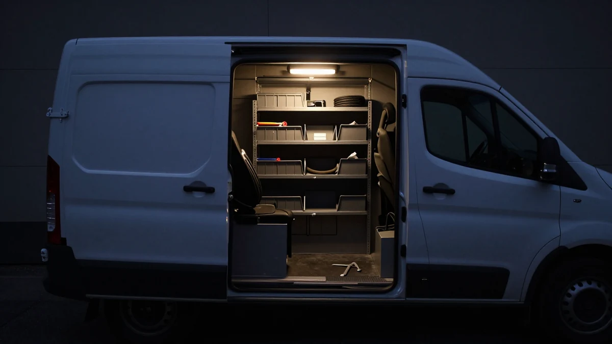 An unmarked white service van at dusk, side door open on racked tools and parts bins