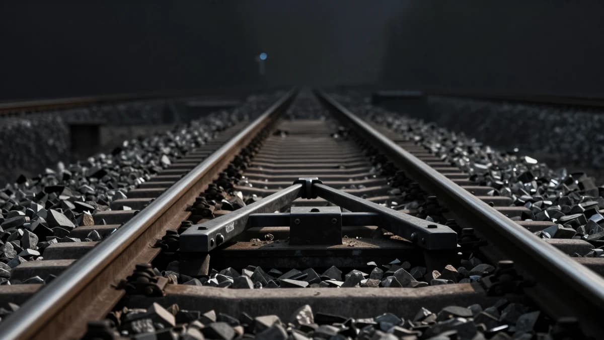 A railway points switch photographed low along the rails, tie bar in the foreground