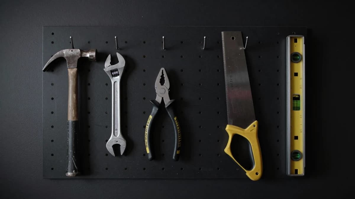 Five hand tools hung individually on a dark pegboard, two hooks standing empty