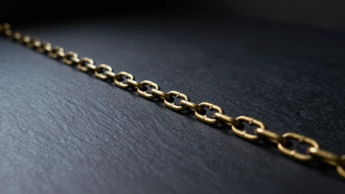 A heavy brass chain laid in a straight line across dark slate, running into shadow