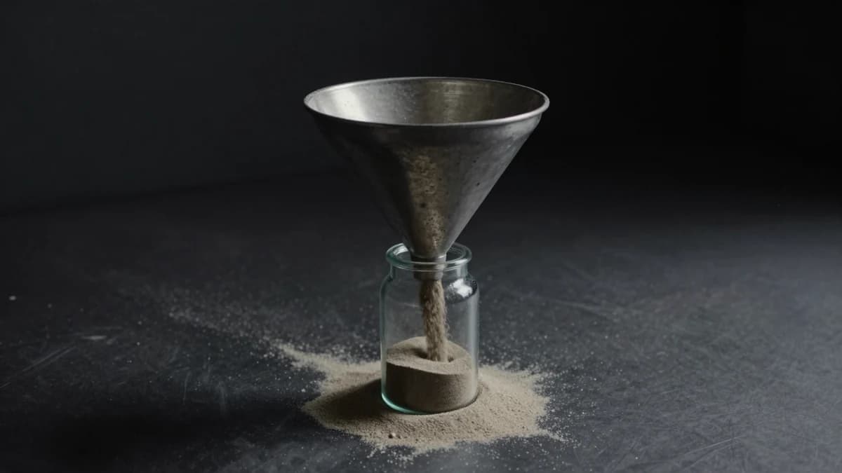 Sand pouring into a metal funnel, most of it spilling past the small jar beneath