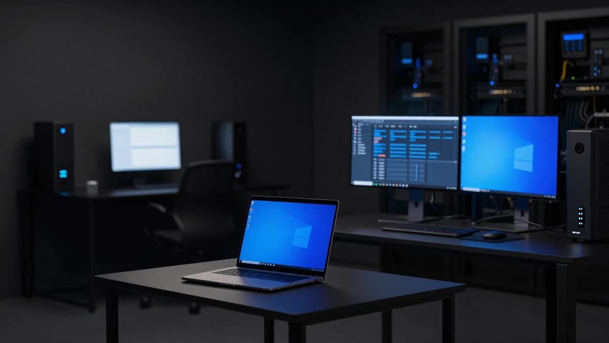 A minimal studio desk with one monitor, a chair and window light