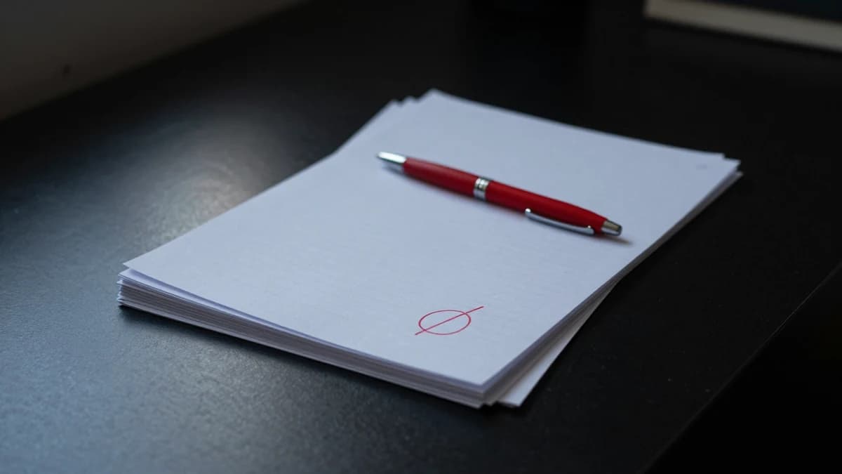 A printed website audit marked up with a red pen on a desk