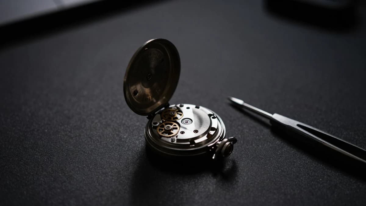 An open mechanical watch movement with its gears exposed beside a fine screwdriver