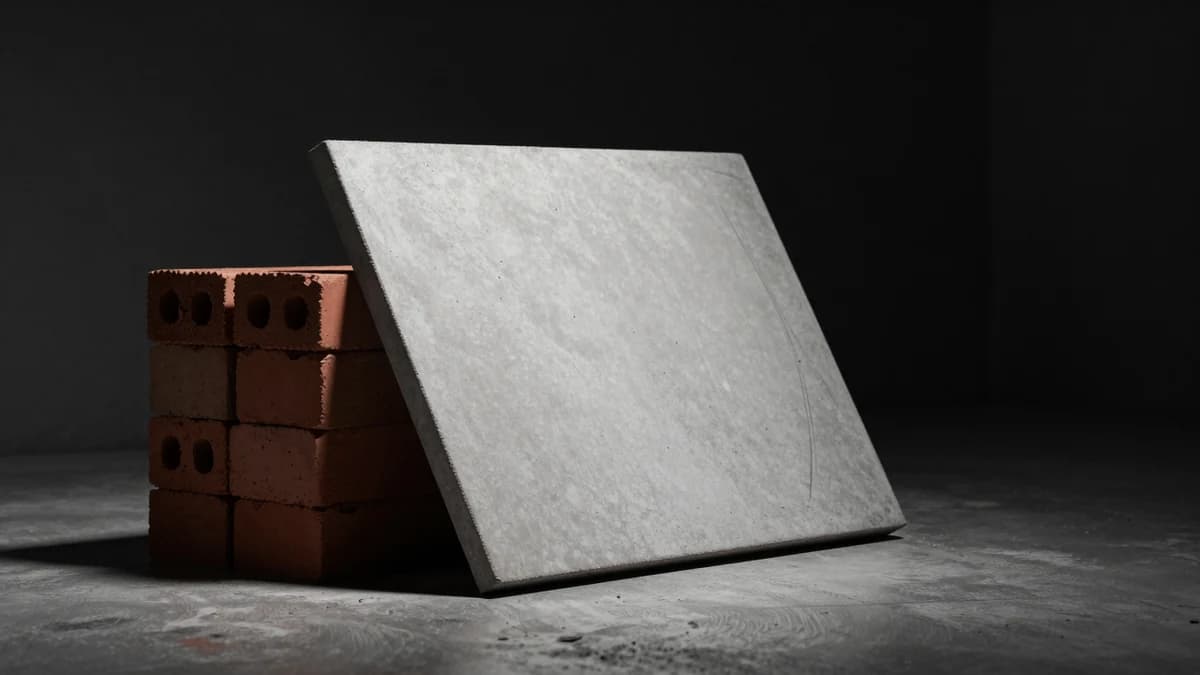 A stack of red clay bricks beside a single smooth precast concrete panel