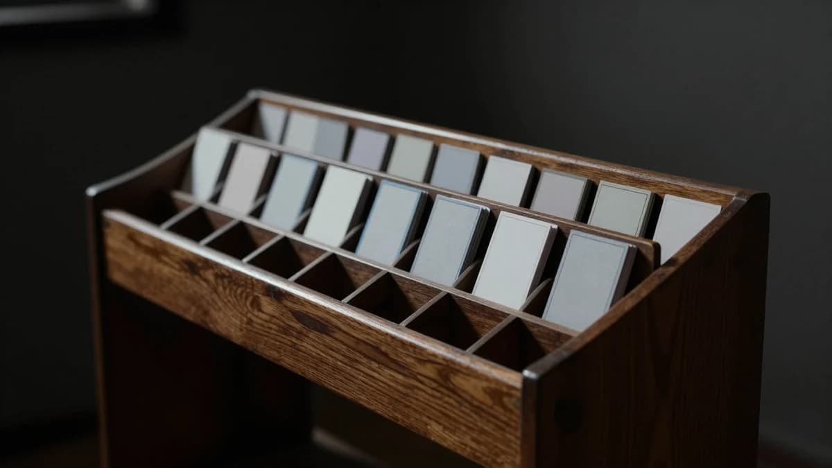 Index cards sorted into groups on a dark desk under directional light