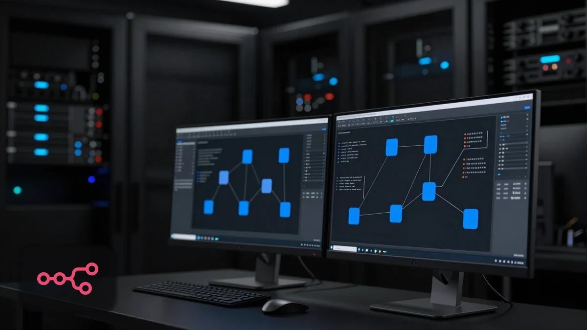A monitor showing a softly defocused workflow diagram beside a notebook