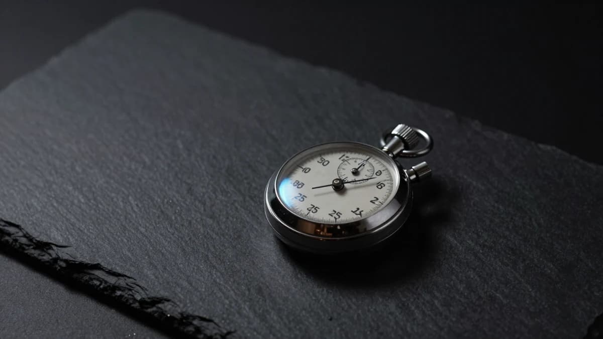A stopwatch resting beside a phone and a laptop on a dark desk